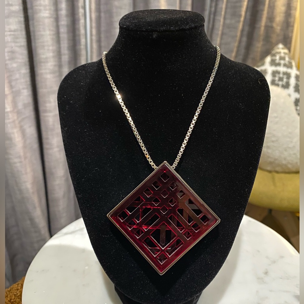 Gently worn Burberry red plaid statement necklace